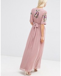 Asos Premium Wrap Maxi Dress With Embroidered Peacock And Flower Detail