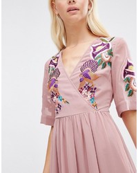 Asos Premium Wrap Maxi Dress With Embroidered Peacock And Flower Detail