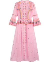 Temperley London Wildflower Embroidered Cotton And Silk Blend Midi Dress Pink