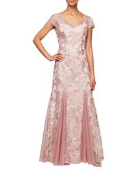 Pink Embroidered Sequin Evening Dress