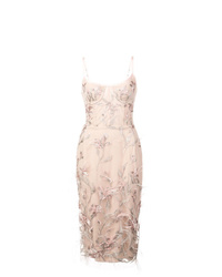 Marchesa Notte Feather Embroidered Sleeveless Dress