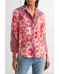 Anna Sui Embroidered Printed Silk Crepon Shirt Pink