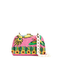Pink Embroidered Straw Clutch
