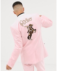 ASOS DESIGN Slim Suit Jacket In Pink Faux Suede With Western Embroidery