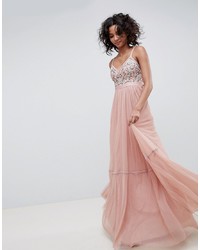 Needle & Thread Embroidered Tulle Maxi Dress With Cami Straps In Vintage Rose
