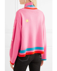 Mira Mikati Embroidered Appliqud Wool Blend Turtleneck Sweater Bright Pink