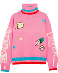 Mira Mikati Embroidered Appliqud Wool Blend Turtleneck Sweater Bright Pink