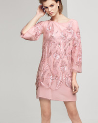 Marchesa Notte 34 Sleeve Beaded Floral Cocktail Dress Blush