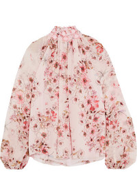 Giambattista Valli Guipure Lace Trimmed Floral Print Silk Georgette Blouse Pink