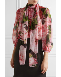 Dolce & Gabbana Pussy Bow Floral Print Silk Chiffon Blouse Pink