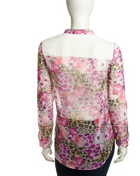 Romeo & Juliet Couture Long Sleeves Floral Print Voile Blouse Pink Multi