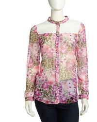 Romeo & Juliet Couture Long Sleeves Floral Print Voile Blouse Pink Multi