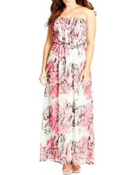 City Chic Graphic Floral Print Pleated Strapless Maxi Dress