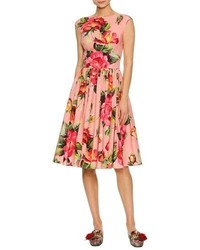 Dolce & Gabbana Cap Sleeve Floral Print Poplin Dress Pink Pattern