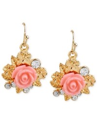 Macy's Haskell Gold Tone Crystal And Pink Flower Drop Earrings
