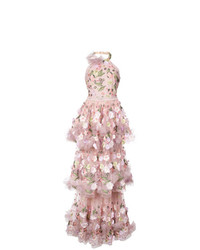 Marchesa Notte Floral Appliqud Tiered Ruffled Gown