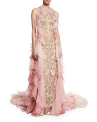 Marchesa Sleeveless Floral Embroidered Ruffle Gown