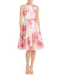 Eliza J Petite Floral Organza Fit Flare Dress Size 8p Pink