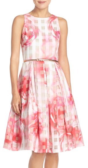 pink floral fit and flare dress