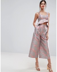 Asos Occasion Jumpsuit In Floral Jacquard With Frill And Exposed Waist