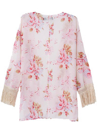 Choies Pink Sunscreen Floral Chiffon Kimono Coat With Tassels