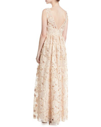 Badgley Mischka Sleeveless Floral Lace Ruffle Gown Peach