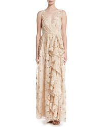 Badgley Mischka Sleeveless Floral Lace Ruffle Gown Peach