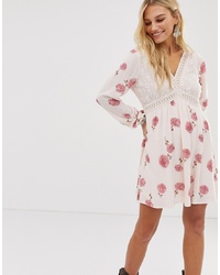En Creme Swing Dress With Lace Plunge Front In Vintage Floral