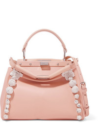 Fendi Peekaboo Floral Appliqud Leather Shoulder Bag Pink