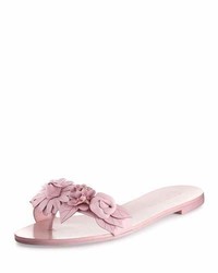 Pink Floral Leather Flat Sandals