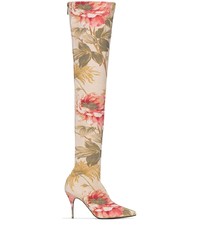 Pink Floral Leather Over The Knee Boots