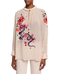 Roberto Cavalli Embroidered Snake Floral Chiffon Blouse Pink
