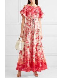 Peter Pilotto Cold Shoulder Tiered Floral Print Cotton Maxi Dress