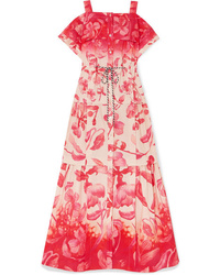 Peter Pilotto Cold Shoulder Tiered Floral Print Cotton Maxi Dress