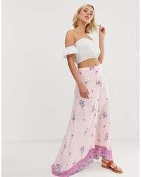 En Creme Floral And Border Print Maxi Skirt With Button Detail