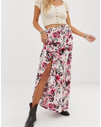 En Creme Maxi Skirt With Button Front Detail In Floral