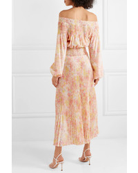 Prada Off The Shoulder Shirred Floral Print Pliss Satin Maxi Dress