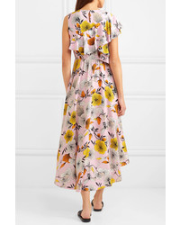 Maje One Shoulder Floral Print Crepe Midi Dress