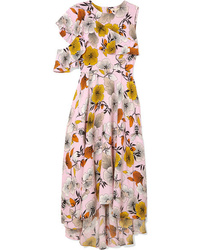 Maje One Shoulder Floral Print Crepe Midi Dress