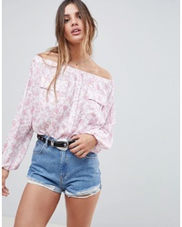 ASOS DESIGN Casual Off Shoulder Top With Utility Detail In Ditsy Floral