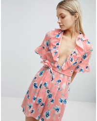 ASOS DESIGN Asos Tea Playsuit With Plunge Neck And Ruffle Detail Floral