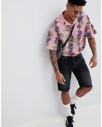 ASOS DESIGN Oversized Polo With Tropical Hawaiian Floral Print And Revere Collar
