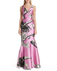 Pink Floral Satin Evening Dress