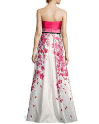 David Meister Strapless Solid Floral Satin Gown Pinkwhite