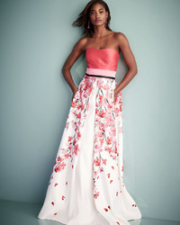 David Meister Strapless Solid Floral Satin Gown Pinkwhite