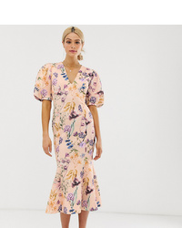 Asos Tall Asos Design Tall Botanical Floral Bubble Sleeve Seamed Midi Dress