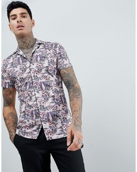 Twisted Tailor Piped Revere Shirt In Pink With Print