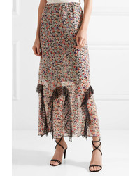 Anna Sui Scattered Flowers Point Dmed Floral Print Silk Chiffon Midi Skirt