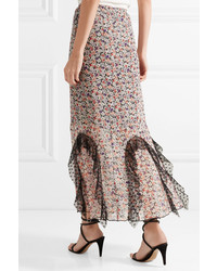 Anna Sui Scattered Flowers Point Dmed Floral Print Silk Chiffon Midi Skirt