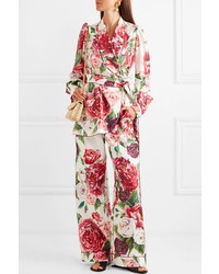 Dolce & Gabbana Floral Print Silk Twill Wide Leg Pants